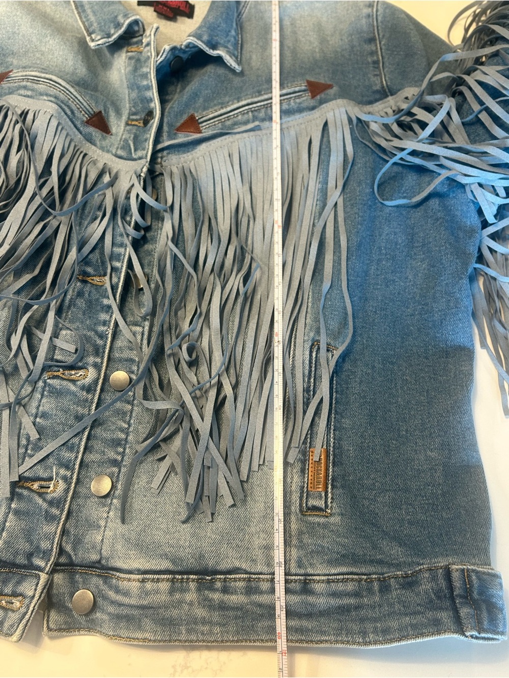 Rock & Roll Denim Light Wash Tonal Suede Fringe Button-Down Jacket - Picture 8 of 10
